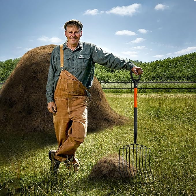 Pitch Fork for Gardening, 10 Tines Wide Pitch Fork with Fiberglass Handle, Heavy Duty Pitch Fork for Bedding, 45 Inches