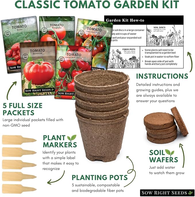 Sow Right Seeds - Heirloom Tomato Seed Grow Kit - Tomato Growing Kit with 5 Seed Packets, Instructions, Pots, Potting Soil, Markers - Start 5 Tomato Varieties Indoors - Non GMO - Great Gardening Gift
