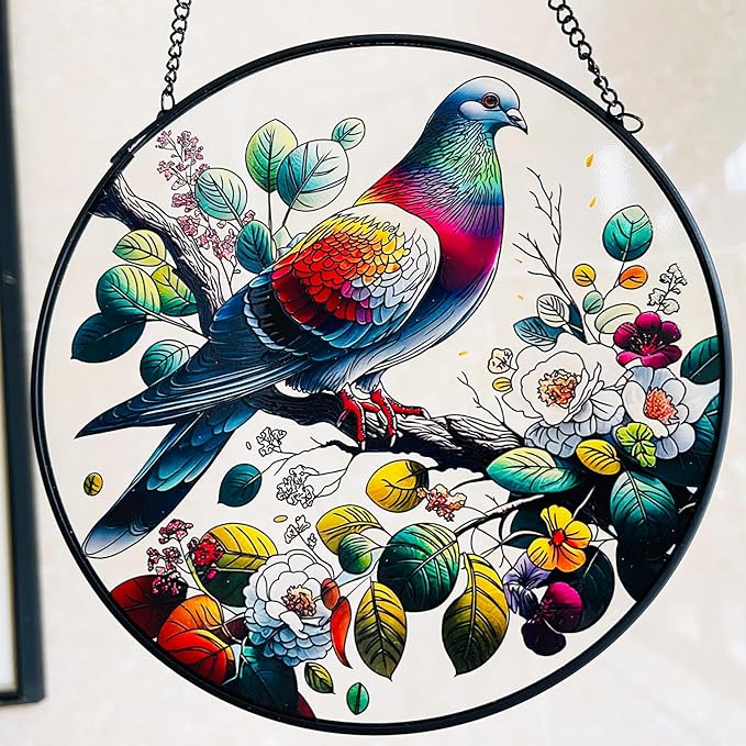 RIVEENY Stained Glass Window Hangings,8" Suncatcher Stained Glass Window Panels,Stained Panel Hangings Gift Women Girls Thanksgiving Birthday Gifts for Mom Grandma (Pigeon)