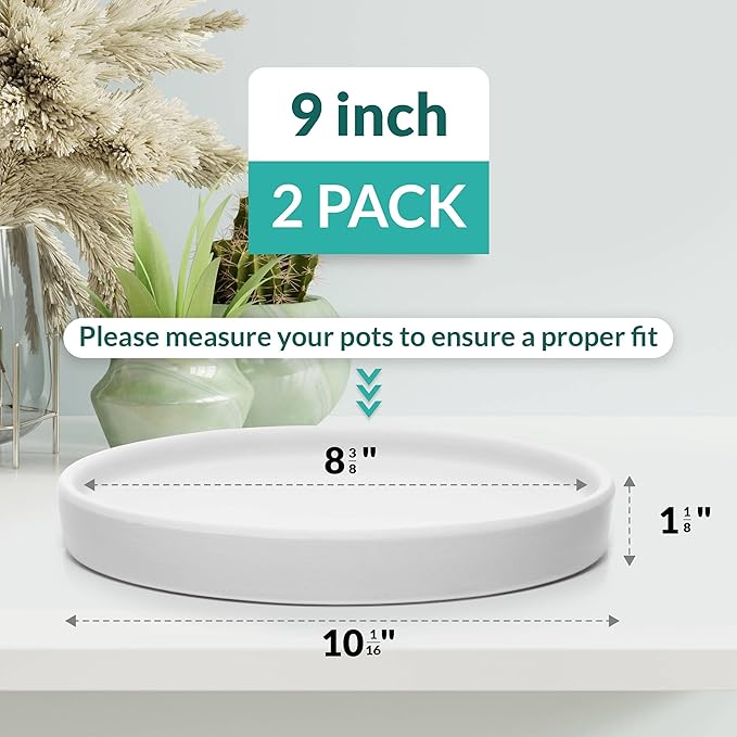 Willowy 2 Pack 9 Inch Matte White Ceramic Plant Drainage Trays, Indoor Use