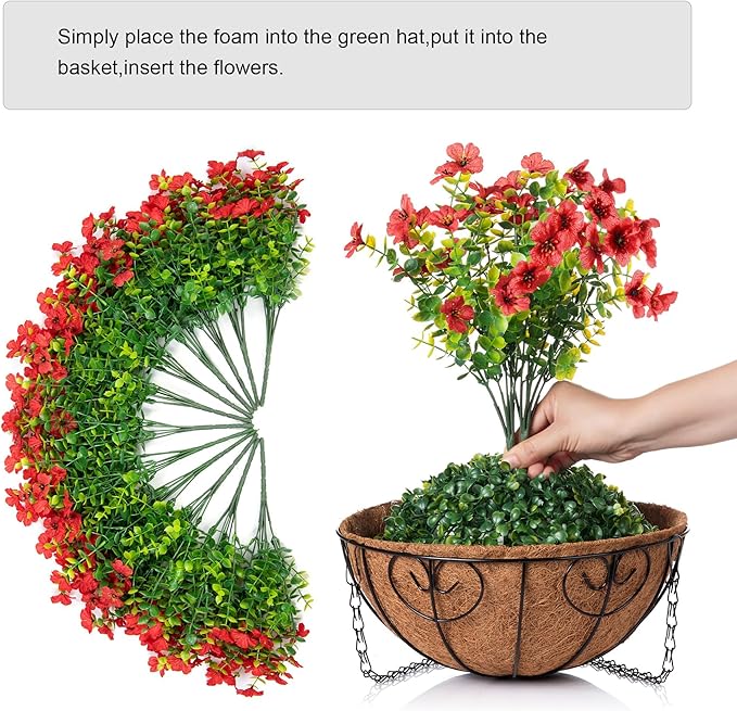 Artificial Fake Hanging Red Plants Flowers Basket for Outdoor Fall Winter Christmas, Faux Silk Daisy Mums Look Real UV Resistant for Outside Porch Home Patio Garden Yard Decoration