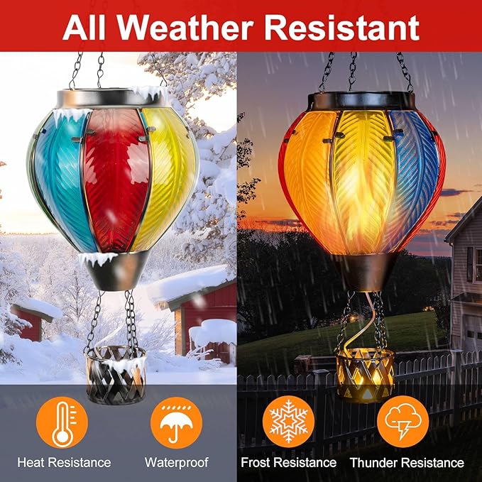 pearlstar Hot Air Balloon Solar Lantern with Flickering Flame Light Outdoor Solar Hanging Lights Waterproof for Garden Yard Farmhouse Patio Pathway Outside Decoration,Glass, Rainbow