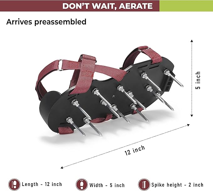 Lawn Aerator Shoes with Hook-and-Loop Straps, Pre-Assembled, Fully Adjustable, One-Size-Fits-All – Lawn and Garden Tool Reduces Thatch, Revives Soil Health (Maroon)
