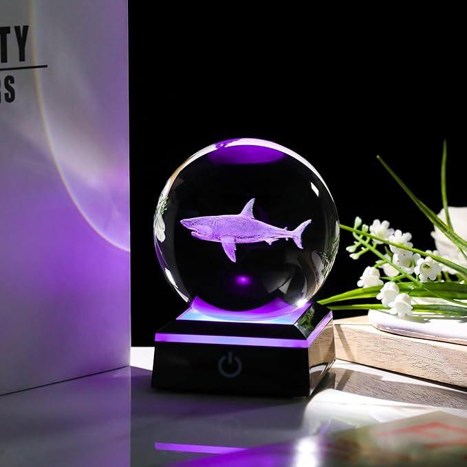 Shark Gifts for Women Men 3D Crystal Ball 3.14'' - Laser Shark Decor Glass Animals Figurines Statue Stuff for Room Night Light Shark Gifts for Mom