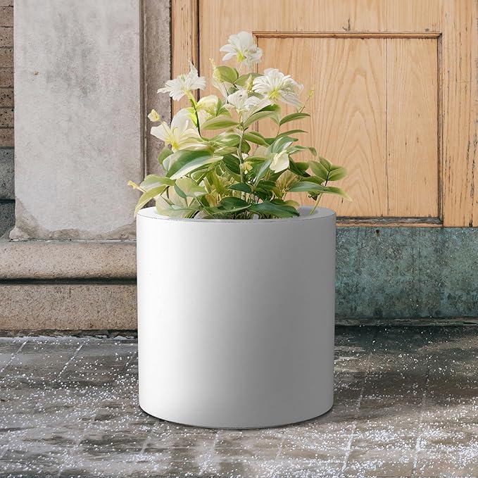 Kante 15.7" Dia Round Concrete Planter, Modern Style Large Cylindrical Plant Pot with Drainage Hole and Rubber Plug for Indoor Outdoor Patio, White