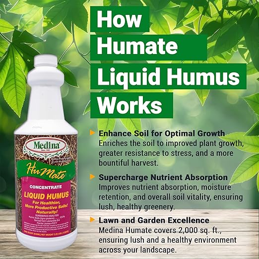 Medina Humate Humic Acid for Plants - Concentrated Liquid Compost, Humic Acid for Lawn - Enhance Plant Growth, Moisture Retention, Nutrient Absorption - Humates for Soil - 1 Qt Covers 2000 Sq. Ft.