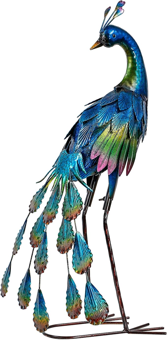 TERESA'S COLLECTIONS Outdoor Decor Peacock Yard Art Garden Sculptures & Statues,Blue Small Metal Bird Lawn Ornaments,18" Outside Mardi Gras Decorations for Porch,Patio,Pond Decor,Gifts for Mom