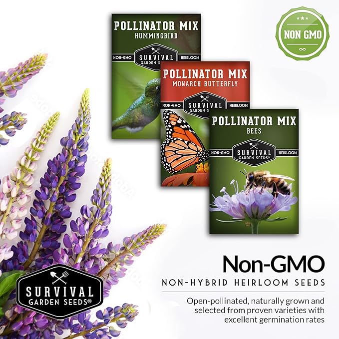 Survival Garden Seeds Pollinator Flower Collection - 3 Seed Packs for Planting & Attracting Butterflies, Bees, Hummingbirds - Nectar & Pollen Rich Perennial & Annual Wildflowers - Non-GMO Heirloom