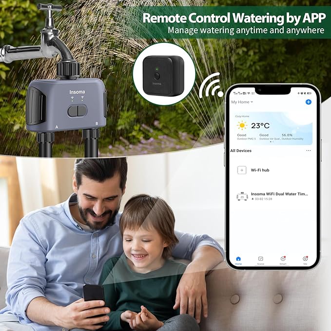WiFi Water Timer, 2 Zones Sprinkler Timer for Garden Hose, Hose Timer with Wi-Fi Hub, APP Remote Control, Voice Control with Alexa, Rain Delay and Manual Mode for Yard Lawn Watering