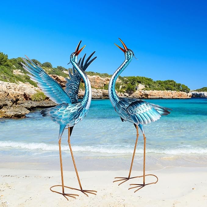 chisheen Crane Garden Statues Outdoor Metal Heron Yard Art Crane for Garden Sculptures Patio Lawn Ornaments,Set of 2