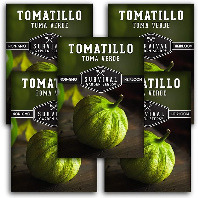 Survival Garden Seeds - Toma Verde Tomatillo Seed for Planting - 5 Packs with Instructions to Plant & Grow Green Salsa Vegetables in Your Home Vegetable Garden - Non-GMO Heirloom Variety