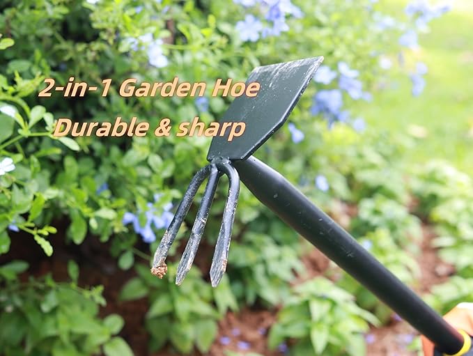4PCS Garden Tools Set with 2-in-1 Tool Hoe/Cultivator Dual Head; Willow Leaf-Shaped Seeding Widger Gardening Trowel; Protective Gloves and Pruning Shear