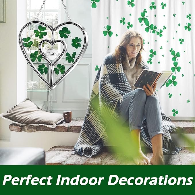 KY&BOSAM Shamrock Heart Suncatcher Faith Suncatcher St Patrick's Day Decoration Grandma Gifts for Windows Hangings Wind Chime with Pressed Flower Gifts for Mom Mother`s Day Valentine's
