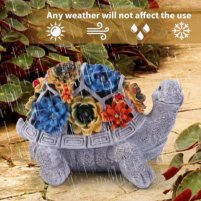 Solar Garden Statues Turtle with Succulent and 6 LED Lights, 9.1" L x 5.7" W x 6.7" H Outdoor Solar Decor, Turtle Garden Figurines for Lawn, Balcony, Yard Decoration, Gifts for Mom Wife