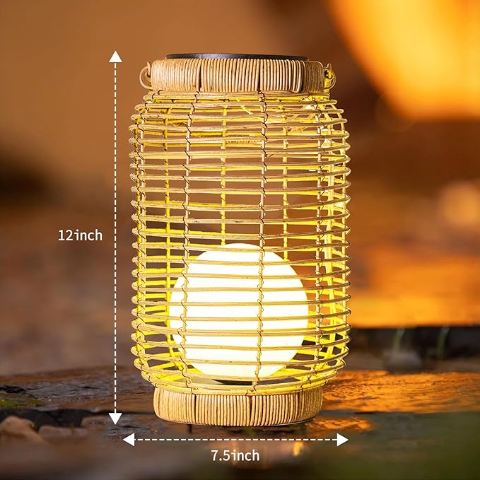 Solar Lantern Outdoor Waterproof，Large Natura Rattan Solar Lantern Hanging with Handle, Solar Powered Decorative Table Lamp for Gardens ，Patio,Yard,Porch,Trees,Lawn,Pathway Home Decoration，12Inch