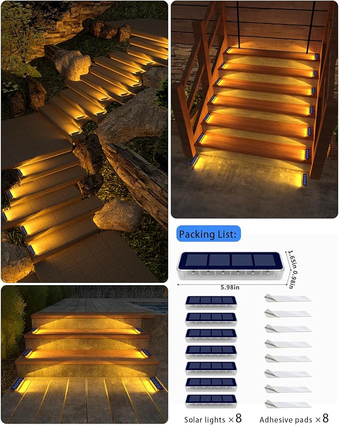 Solar Step Lights for Outside,8 Pack Solar Stair Lights Outdoor Waterproof,Warm White Deck Light Solar Powered Waterproof for Steps,Stairs,Walkway,Sidewalk,Patio,Pathway