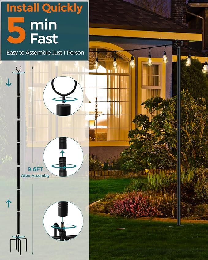 LAND·VOI Metal String Light Poles for Outside Hanging - Backyard, Garden, Patio, 4 Pack Lighting Stand with Adjustable Height for Outdoor Parties, Wedding, Extra-Long 5-Prong Claws, (9.6FT) FLP04B