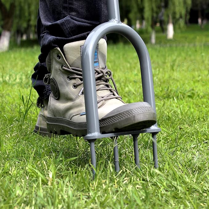 Walensee Lawn Spike Aerator, T-Handle, Manual Dethatching and Soil Aerating Tool with Four Iron Spikes, 35.5 Inches, Grey