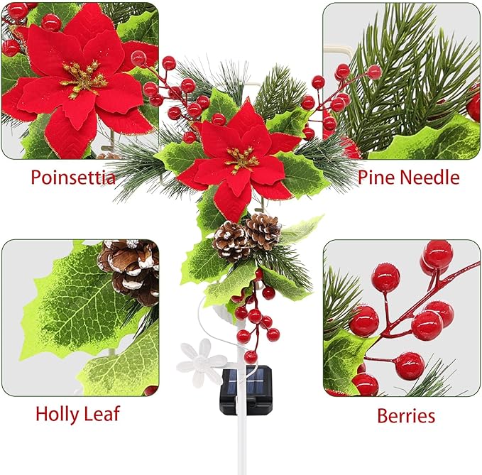 Solar Christmas Decorations Outdoor, 32 Inch Solar Christmas Cross Stake Lights, Waterproof Grave Decorations with Poinsettia Flower Pinecones Red Berries for Garden Yard Patio Lawn Cemetery