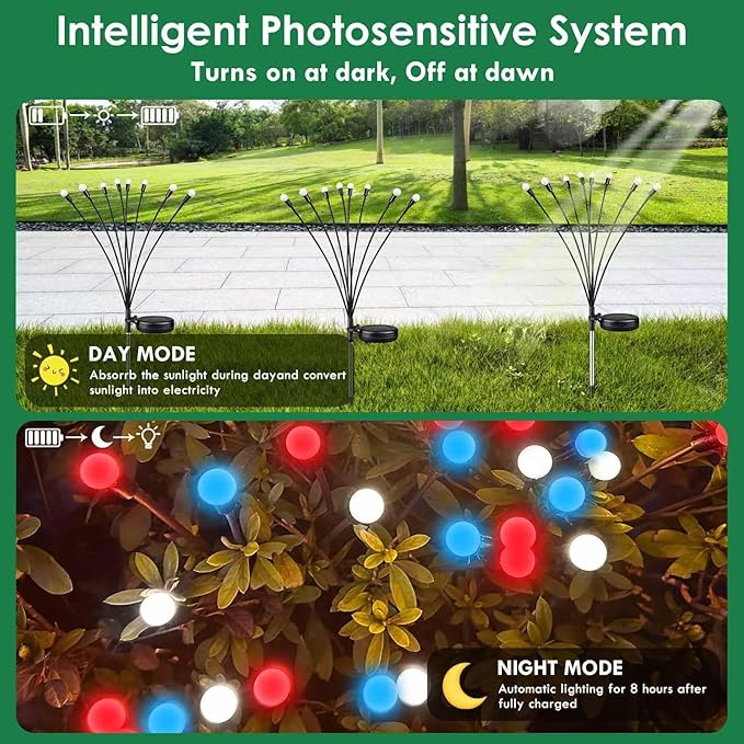 Red White and Blue Solar American Flag Firefly Lights, 8 PK Firefly Light 4th of July Patriotic Solar Outdoor Lights Waterproof, Independence Day Patriotic Decor for Garden Yard Decorations