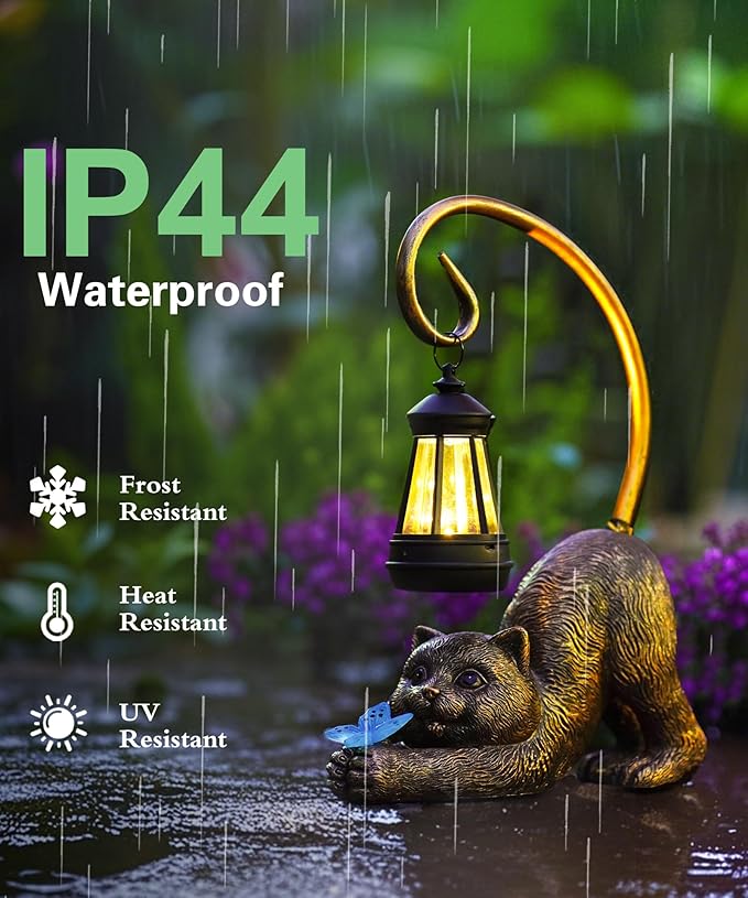 Solar Cat Garden Statue for Outdoor: Outside Sculptures Decor for Art Patio Balcony Yard Lawn – Unique Birthday Gift for Women Mom Grandma