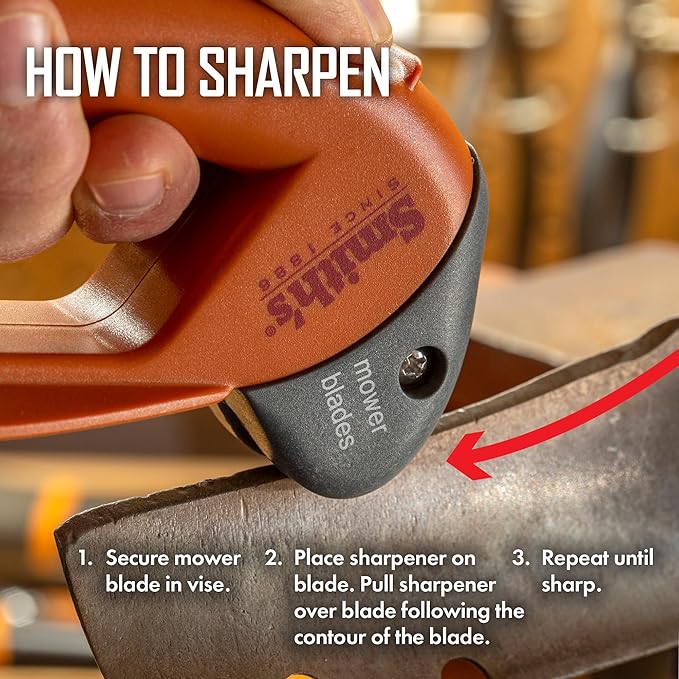 Smith’s 50603 Handheld Lawn Mower Blade Sharpener - Oversized Handle & Large Safety Guard - Durable Plastic - Easy to Use - Wire Cleaning Brush - Preset Carbide Blade - Gardening Lawn Care Tools