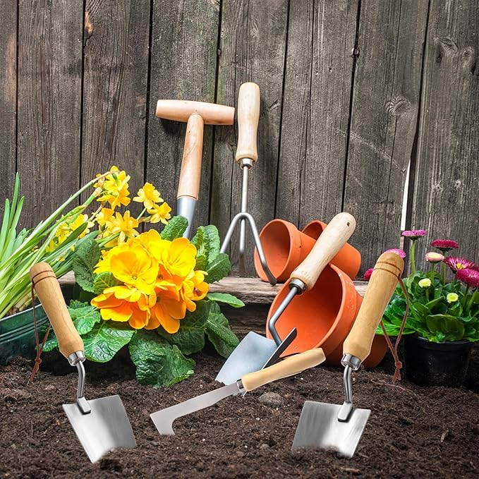 Lasnten 5 Pcs Garden Tool Set, Heavy Duty Gardening Tools with Hand Dibber, Hand Crack Weeder, Transplanter, Big Trowel, 3-Claw Cultivator for Planting Flowers, Gardening Gifts for Women and Men