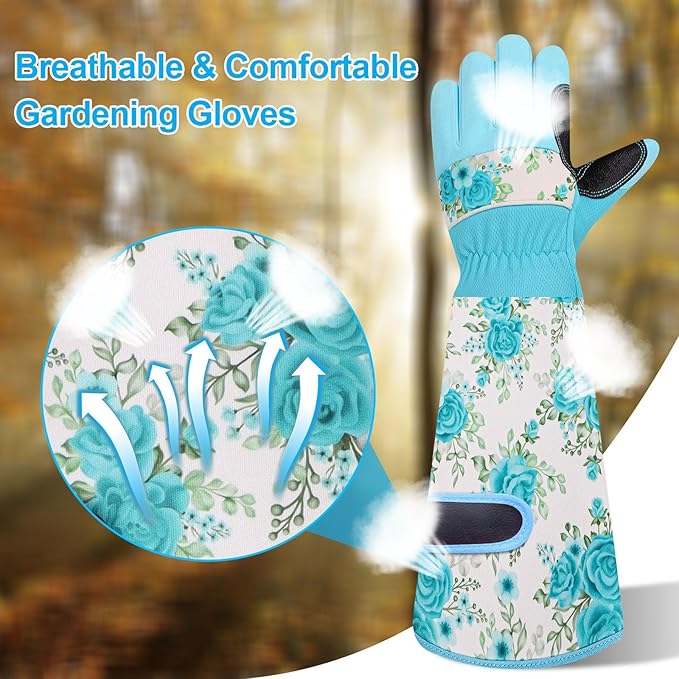 DLY Gardening Gloves for Women, Rose Gloves Gardening Thorn Proof, Long Garden Gloves for Women, Breathable & Durable Leather Gauntlet (Medium, Light Blue)
