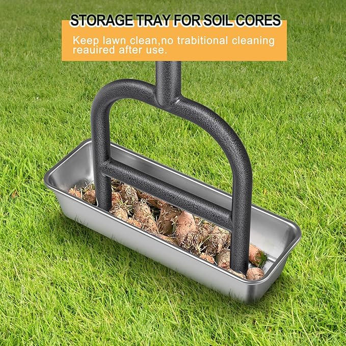 Dolibest Lawn Coring Aerator, Manual Lawn Aerator, 2 Stainless Steel Corer Plug Aerator with Soil Core Storage Tray, Pre-Assembled Manual Grass Aerating Tool & Clean Hand Tool, Improving Lawn Health