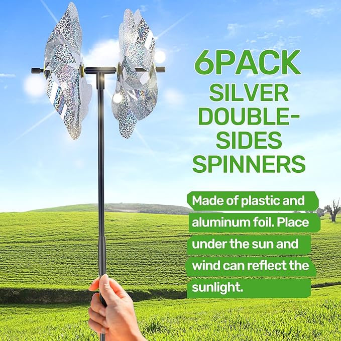 BATTIFE 6 Sets Pinwheels for Yard and Garden, Double Sides Reflective Bird Deterrent Pinwheel, Large Silver Outdoor Sparkly Wind Spinner, Pin Wheels for Lawn and Patio…
