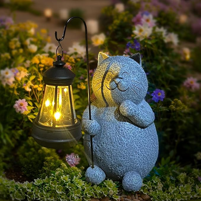 BIRD'S CRADLE Blissful Cat Solar Garden Statue - Outdoor Art Decor, Cat Lovers Themed Gift, Unique Patio, Balcony, Yard, Birthday, Housewarming Gardening Figurine Gifts for Mom, Grandma, Wife, Women