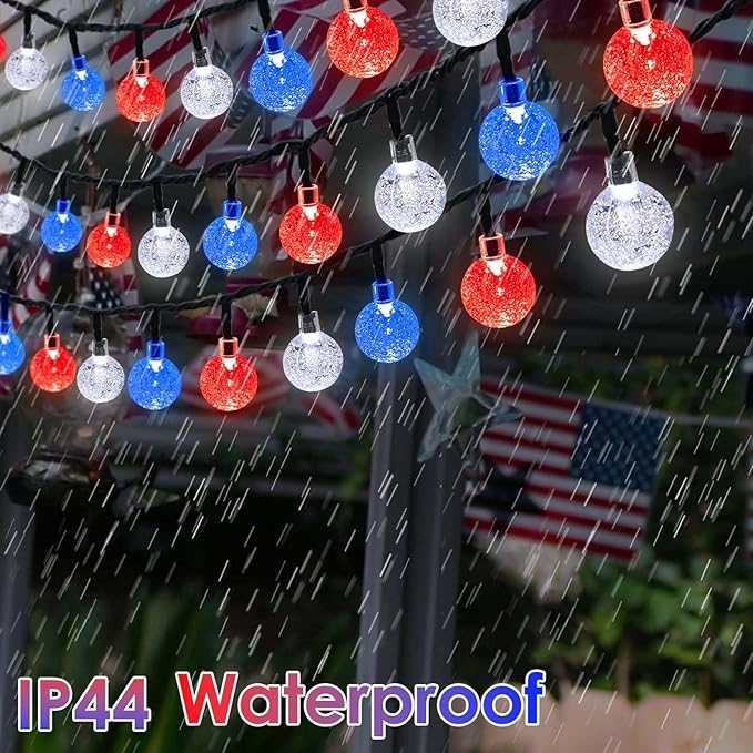LORRYTE 2-Pack Red White and Blue Crystal Globe Solar String Lights Outdoor, 64FT 100 LED Waterproof Patriotic Lights 8 Lighting Modes for Memory Day Independence Day 4th of July Christmas