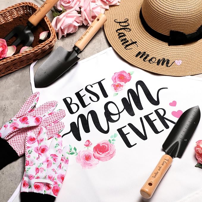Percozzi Mom Birthday Gifts Pink Gardening Tools Kit Rose Planting Tools Straw Hat Floral Apron Glove Women Spring Mother's Day Basket for Her Mother Plant Lovers Outdoor Horticulture Starter