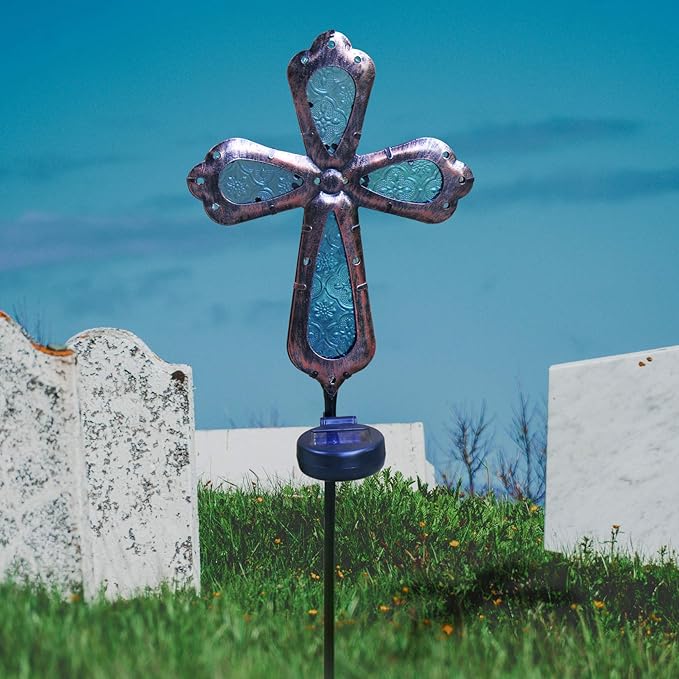 KAIXOXIN Solar Power Cross Stake Warm White Color Florals Solar Lights Garden Decor Memorial Gift Cemetery Decoration LED Outdoor Landscape Light