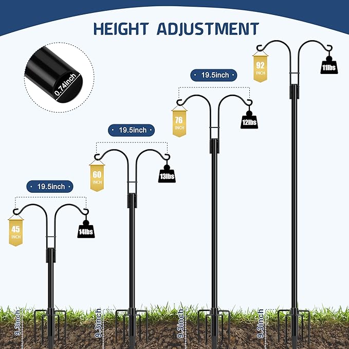 Ottsuls Bird Feeder Pole, 2 Pack 92 INCH Double Shepherds Hooks for Outdoor, Garden Pole with 5 Base Prongs Heavy Duty Planter Hooks for Hanging Plant Baskets, Lantern, Hummingbird Feeder