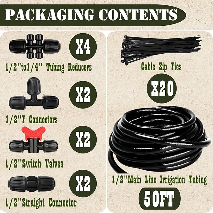 1/2in. Drip Irrigation Tubing - 50FT Drip Line Irrigation System Parts for Garden(Includes 1/2" Straight Connector,Switch Valves, T Connectors, 1/2" to 1/4" Tubing Reducers, Cable Zip Ties)