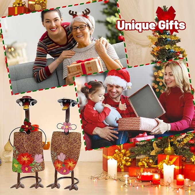 HONGLAND Duck Metal Yard Art - Duck Couple Garden Decor, Shovel Ornaments Outdoor Statue - 2 Pack Farmhouse Patio Balcony Gardening Gifts for Women