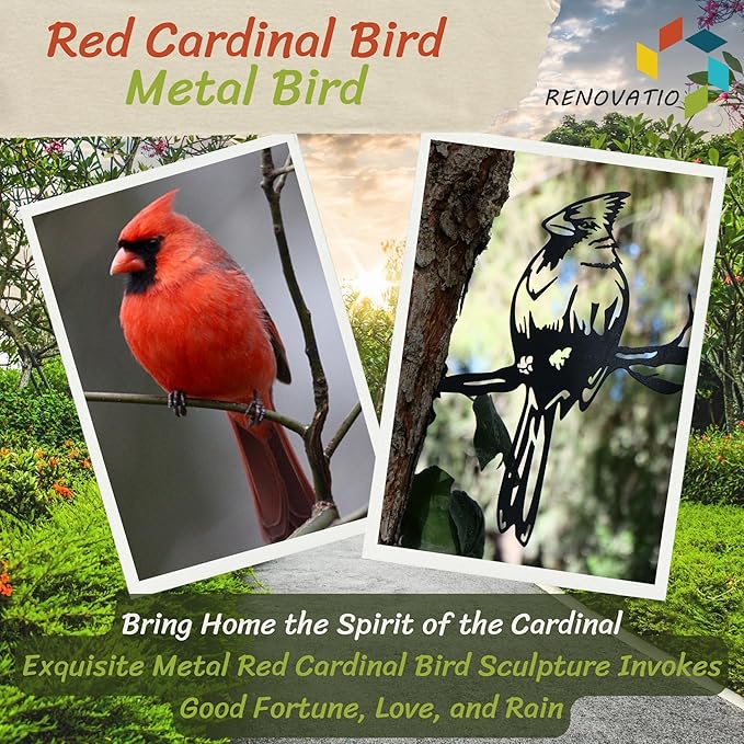 Renovatio Metal Bird Decor – Stylish Decoration for Yard & Garden – Perfect Outdoor Yard Art – 12 Gauge Thick Steel – Ideal Backyard Decor & Bird Ornaments – Cardinal Bird (Black)