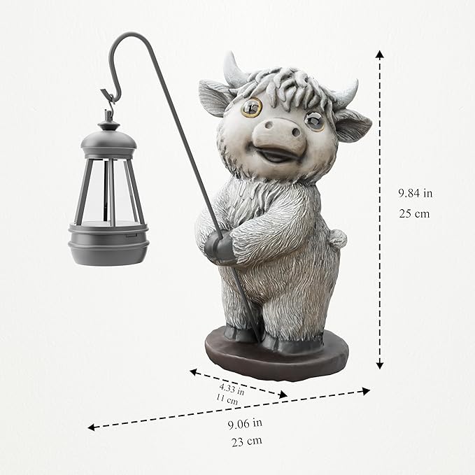 Highland Cow Statues with Solar Lights, Highland Cow Resin Figurine Lights, Highland Cow Ornaments for Patio, Balcony, Indoor Decoration and as Gifts