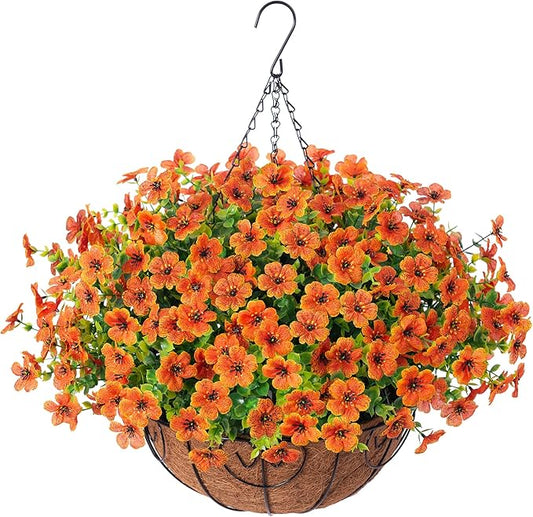 Artificial Fake Fall Hanging Plants Flowers Basket for Outdoor Decor, Faux Silk Orange Mums Daisy in Planter Look Real UV Resistant for Autumn Porch Home Patio Garden Yard Decoration