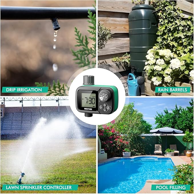 RESTMO Sprinkler Timer, Water Timer for Garden Hose, Outdoor Faucet, Lawn Watering, Automatic Control, Manual Watering, Ball Valve System Compatible with Rain Barrel, Zero/Low Water Pressure Watering
