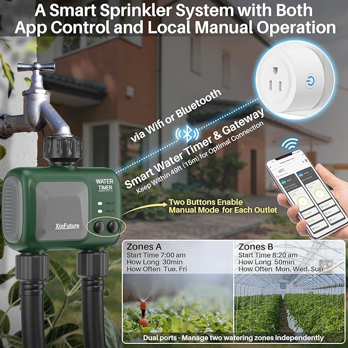 Smart Sprinkler Timer 2 Zone with Gateway, XinFuture WiFi Water Timer with Rain Delay, Manual& Automatic Watering System for Garden Hose Faucet, App& Voice Control, Outdoor Hose Timer for Yards Lawns
