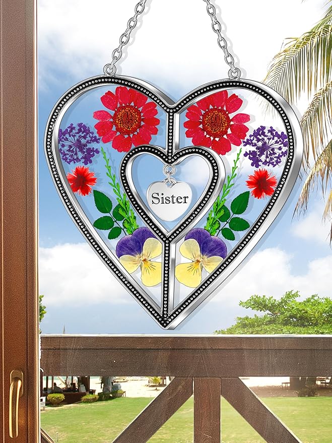 KY&BOSAM Heart Suncatcher Sister Stained Glass Panels Hangings for Windows Sun Catchers with Pressed Real Flower Heart in Glass Birthday Gifts for Women Mothers Day Home Garden Christmas Ornament