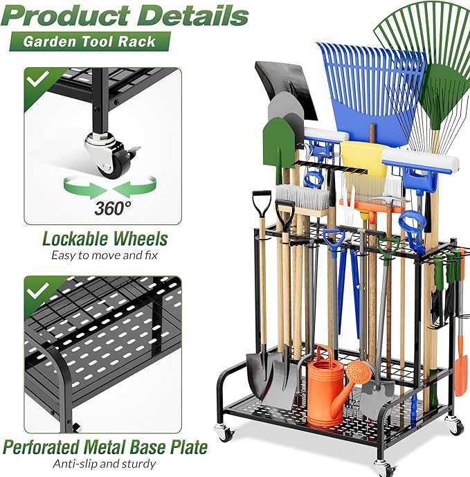 Garden Tool Organizer with Wheels, Yard Tool Rack for Garage Organization and Storage, Heavy Duty Steel Tool Holder with Hooks, Garden Tool Stand for Shed, Basement, Outdoor, Black