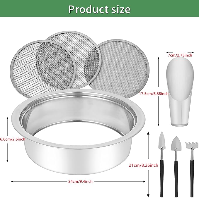 LABALPHA Soil Sifter Garden Sieve Set, Stainless Sifting Pan Soil Sand Sieve with 4pcs Garden Shovels, 9.4" Sifting Pan Contain 5 Sieve Mesh (0.039", 0.118", 0.236",0.354",0.472")