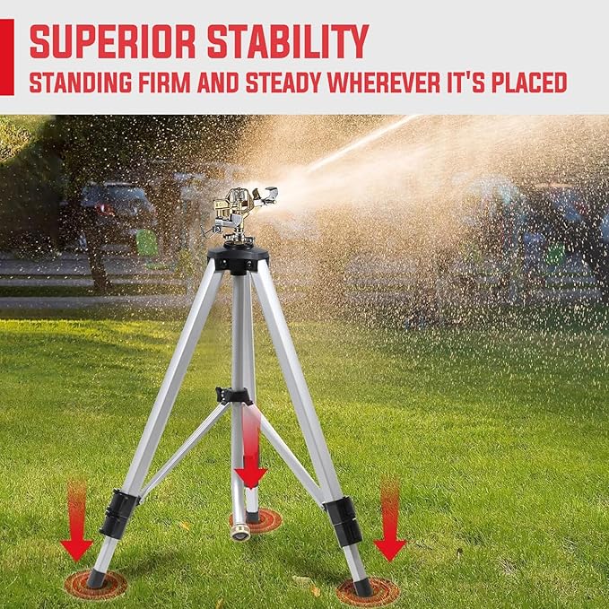 YAMATIC Impact Sprinkler on Tripod Base, 360 Degree Large Area, Heavy Duty Adjustable Pulsator Sprinkler for Lawn Yard and Grass, Spray up to 20-90ft(36inch) Brass Head, 1Pcs