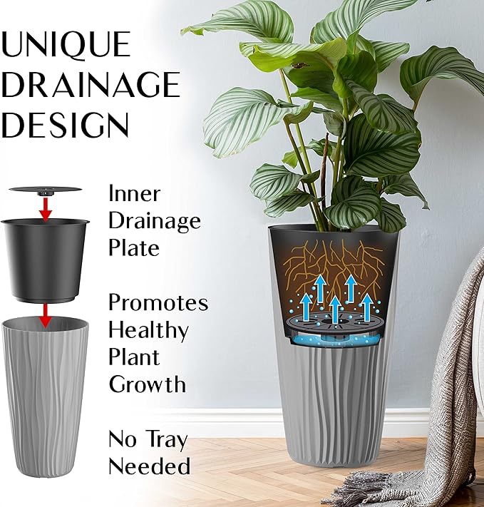 Mueller M-Resin Heavy Duty Tall Planter, Indoor/Outdoor Grande Plant, Tree, Flower Pot, 2-Piece Set, 24”, Modern Design, Built-in Drainage, Light Grey