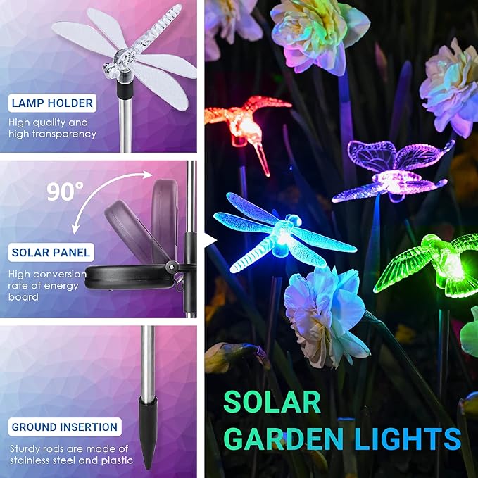 SOLPEX Solar Garden Lights, 3 Pack Solar Butterfly Lights Yard Decoration, Multi-Color Changing LED Solar Light Stakes, Solar Yard Lights for Garden, Patio, Lawn, Solar Bird Lights