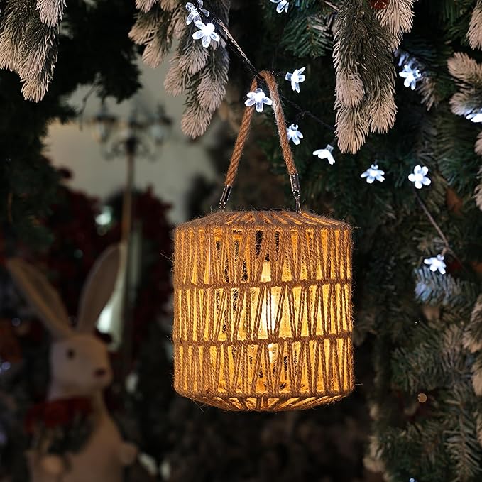 Cooo Solar Lantern Outdoor Hanging – Handwoven Jute Rope Lantern with Warm Edison Bulb, IP65 Waterproof Solar Powered Garden Light for Porch Patio, Yard Table Rustic Boho Decor, 8.27” Tall