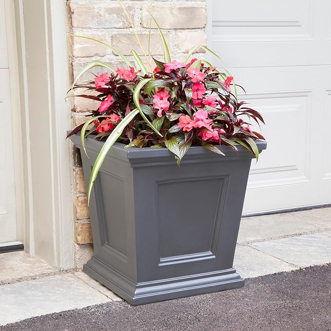 Mayne Fairfield 16-Inch Square Planter – Self-Watering, Weather-Resistant Planter for Flowers – Durable Outdoor Design for Patio, Porch, or Entryway